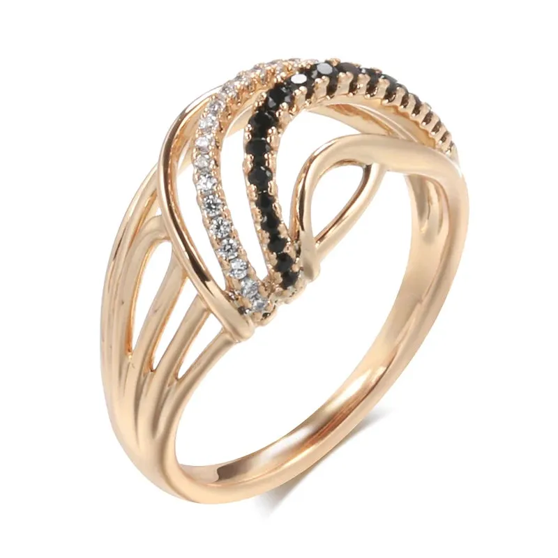 Luxury Marvelous Filled 14K Rose Gold Hollow Black White AAA  Zircon Diamonds Ring - Ethnic Wedding Fine Jewelry