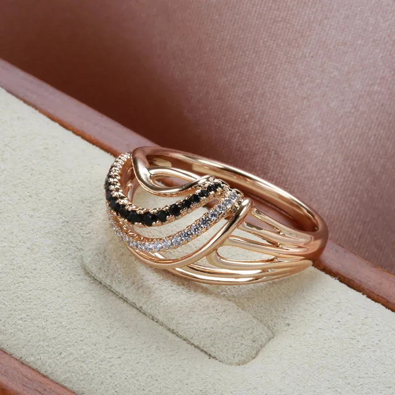 Luxury Marvelous Filled 14K Rose Gold Hollow Black White AAA  Zircon Diamonds Ring - Ethnic Wedding Fine Jewelry
