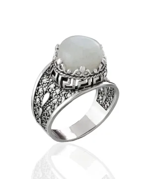 Meander Pattern Filigree Art Moonstone Gemstone Women Silver Cocktail Ring