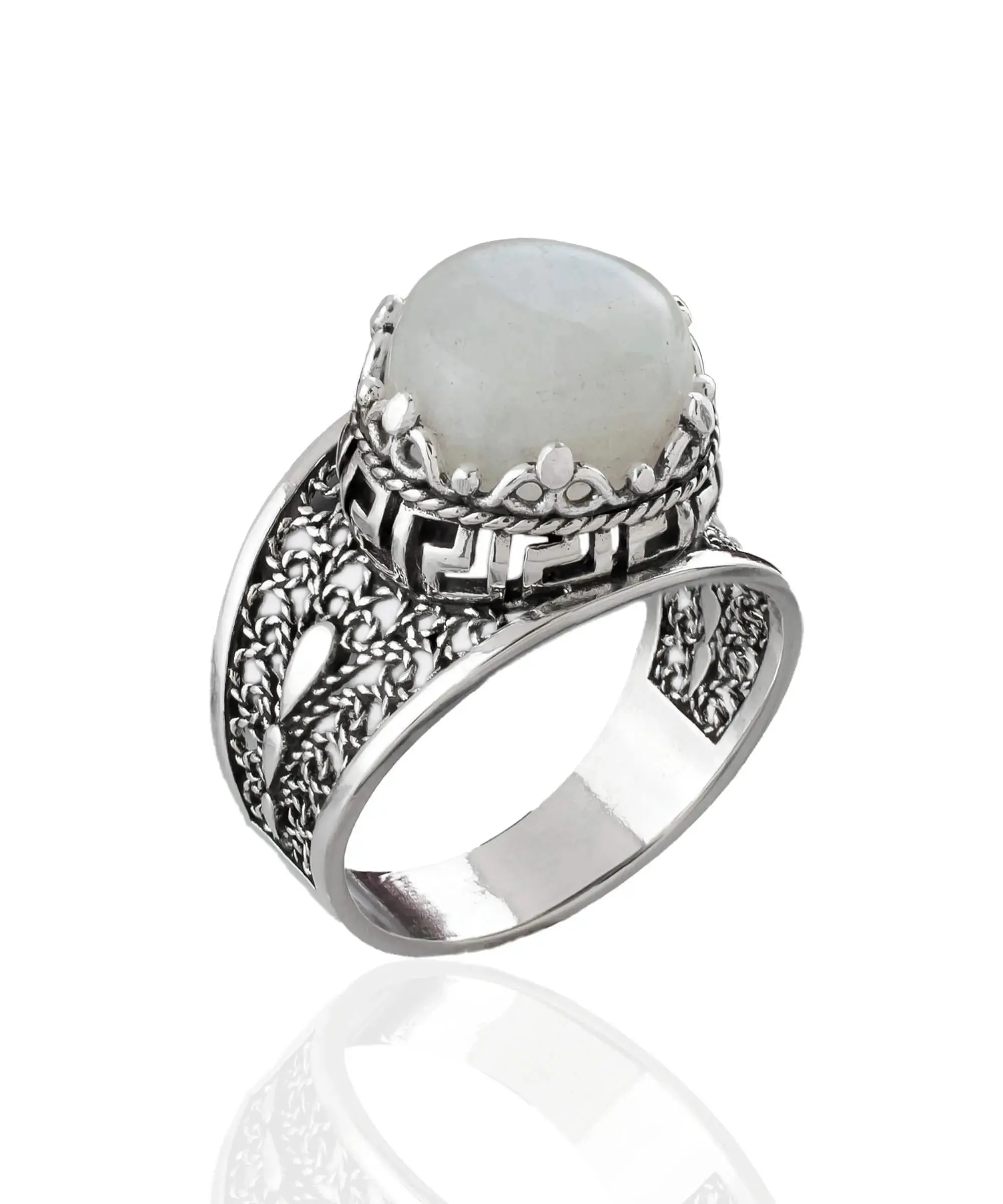 Meander Pattern Filigree Art Moonstone Gemstone Women Silver Cocktail Ring