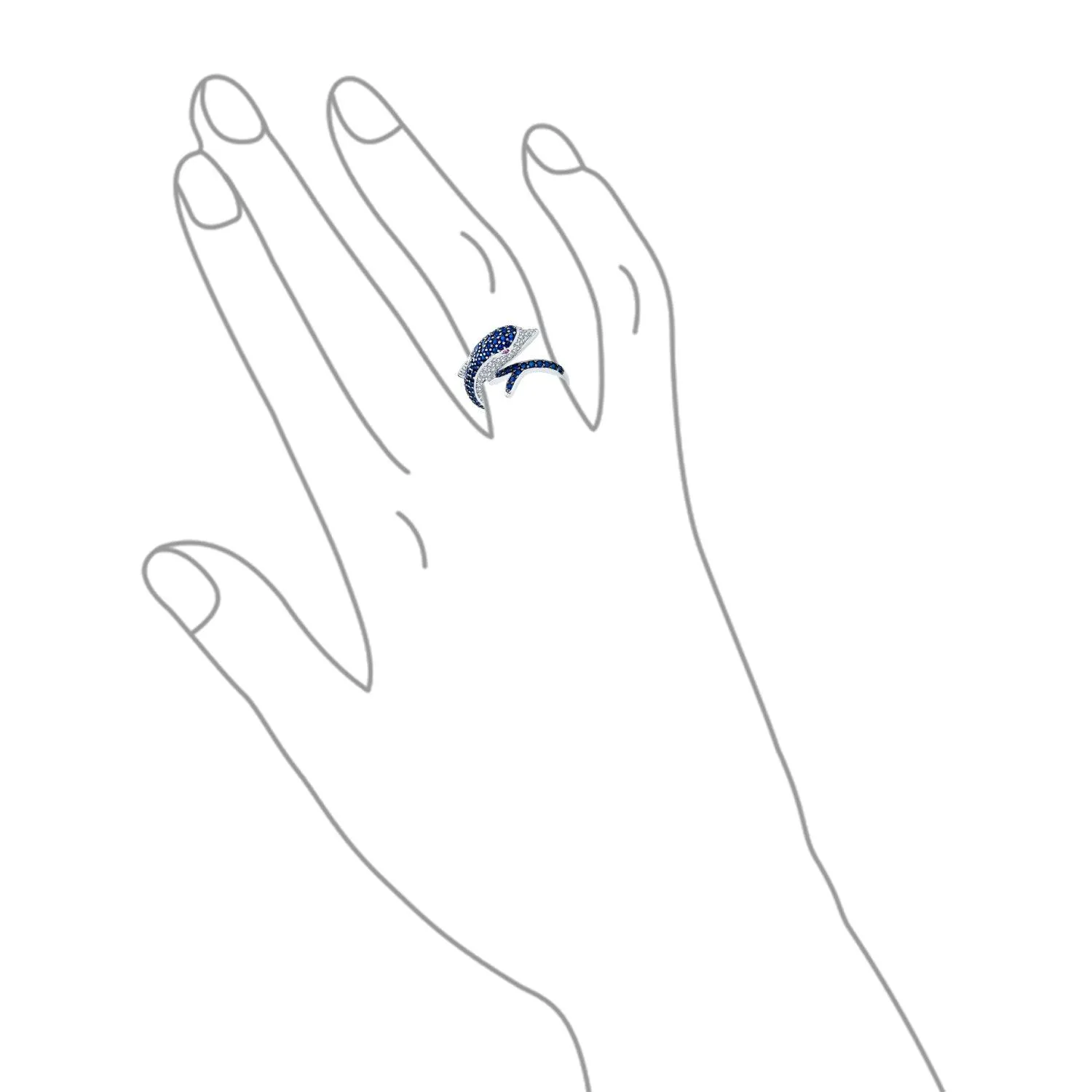 Nautical Cocktail Statement Ring with Navy Blue CZ and Dolphin Design