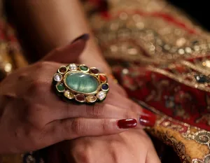 Navratan Kundan Ring - Adjustable - Semi Precious Stones