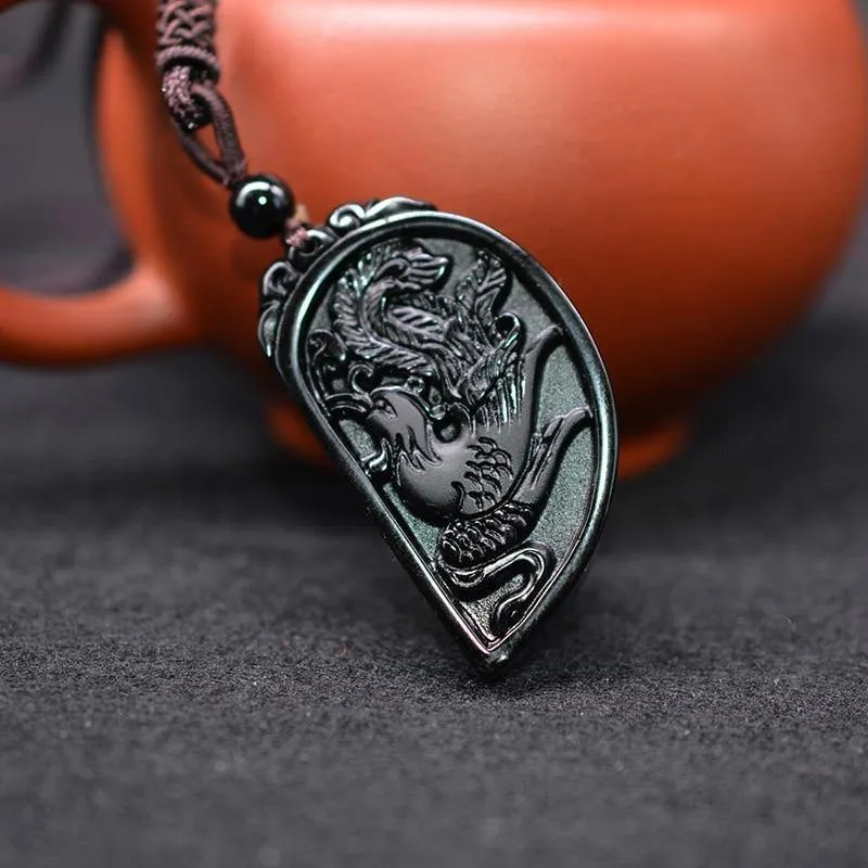 Obsidian Dragon & Phoenix Couple Necklaces