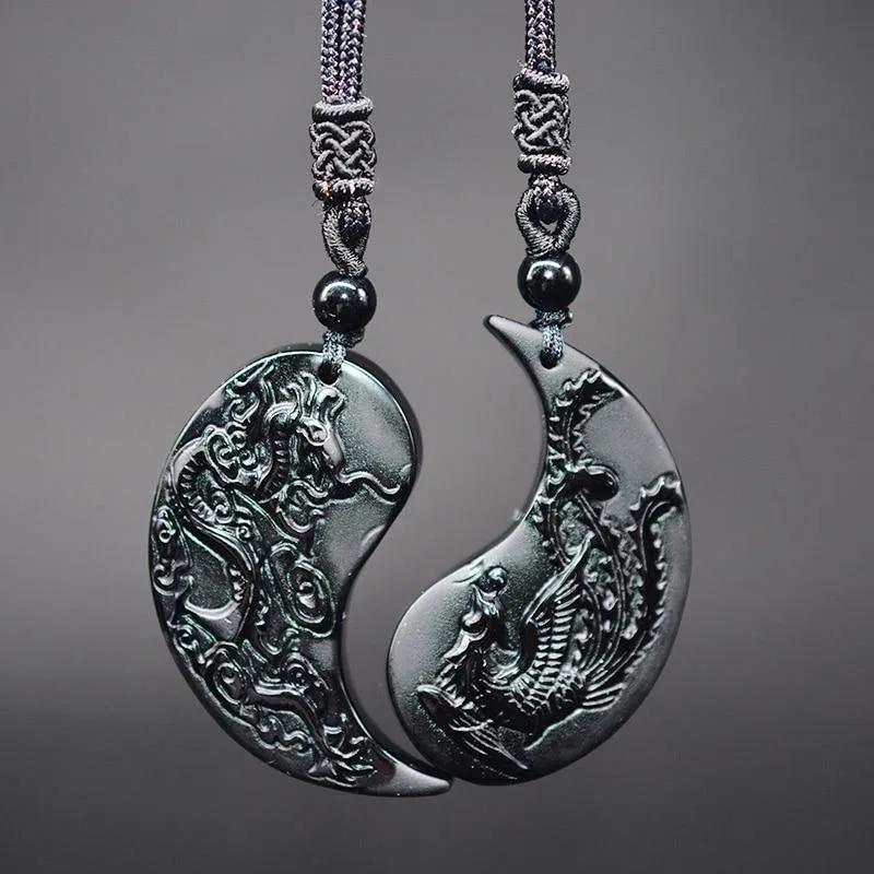 Obsidian Dragon & Phoenix Couple Necklaces