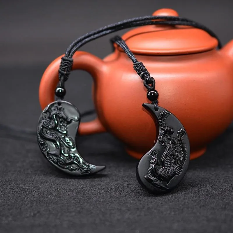 Obsidian Dragon & Phoenix Couple Necklaces