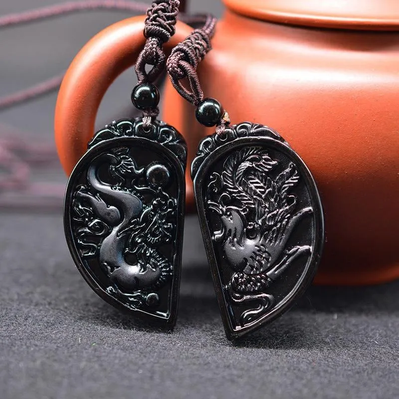 Obsidian Dragon & Phoenix Couple Necklaces