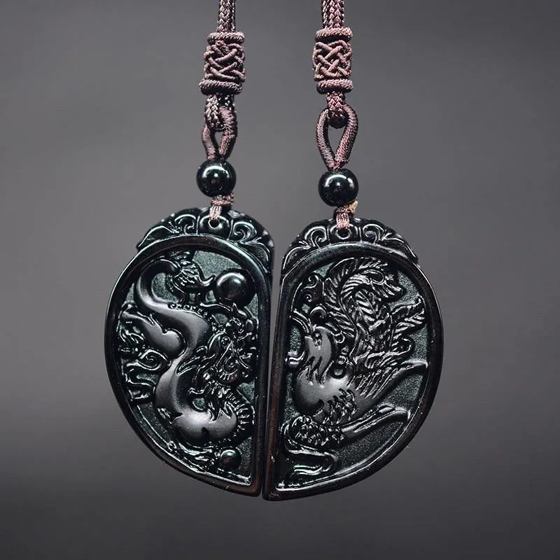Obsidian Dragon & Phoenix Couple Necklaces