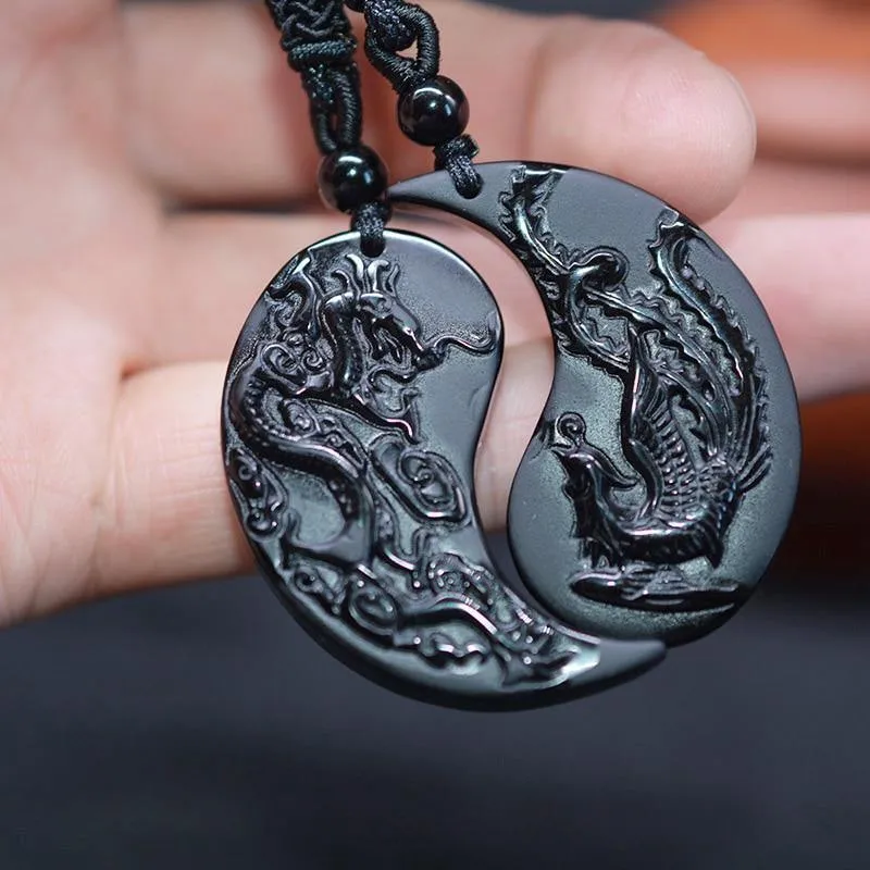 Obsidian Dragon & Phoenix Couple Necklaces