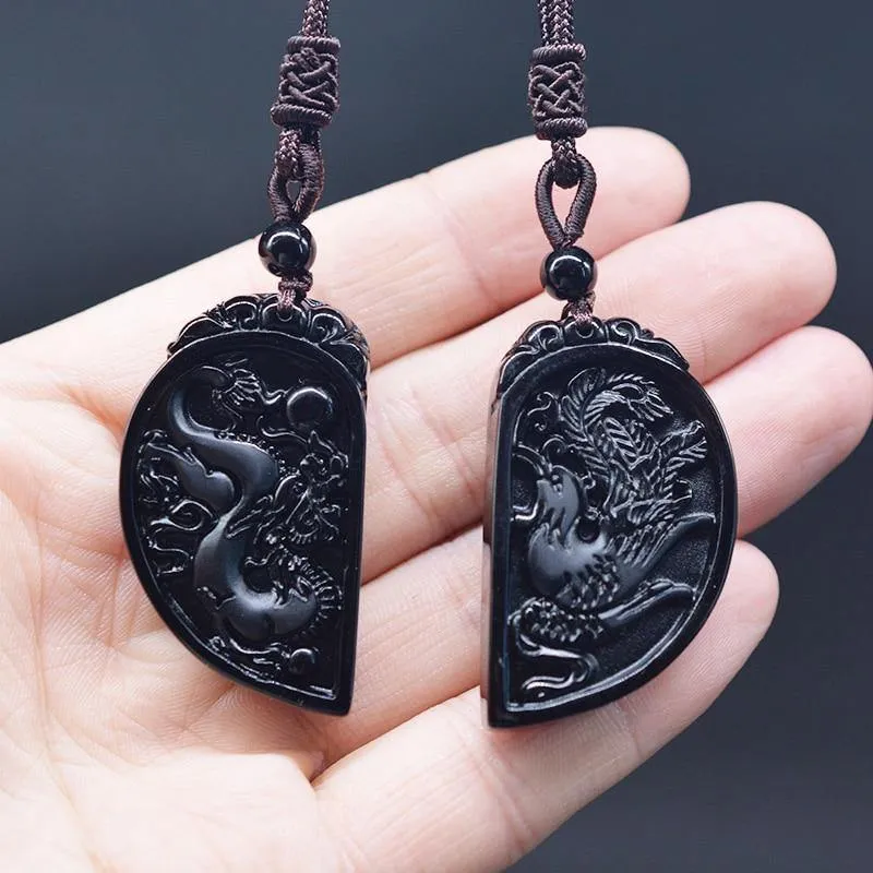 Obsidian Dragon & Phoenix Couple Necklaces