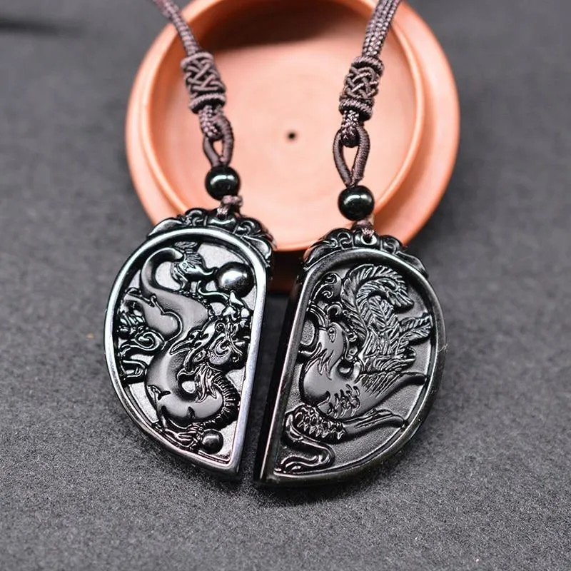 Obsidian Dragon & Phoenix Couple Necklaces