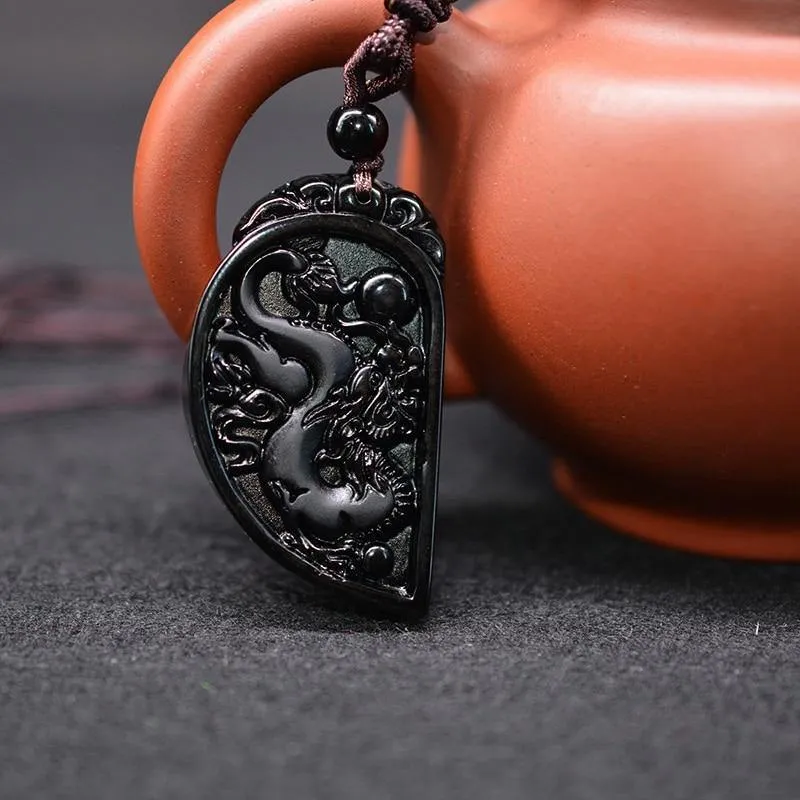 Obsidian Dragon & Phoenix Couple Necklaces