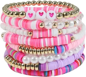 Pingyongchang Rainbow Heart Beaded Polymer Clay Pearl Bracelet for Women Clay Heishi Beaded Stretch Bracelets Surfer Polymer Vinyl Disc Clay Stackable Friendship Bracelets Summer Beach Jewelry Gifts