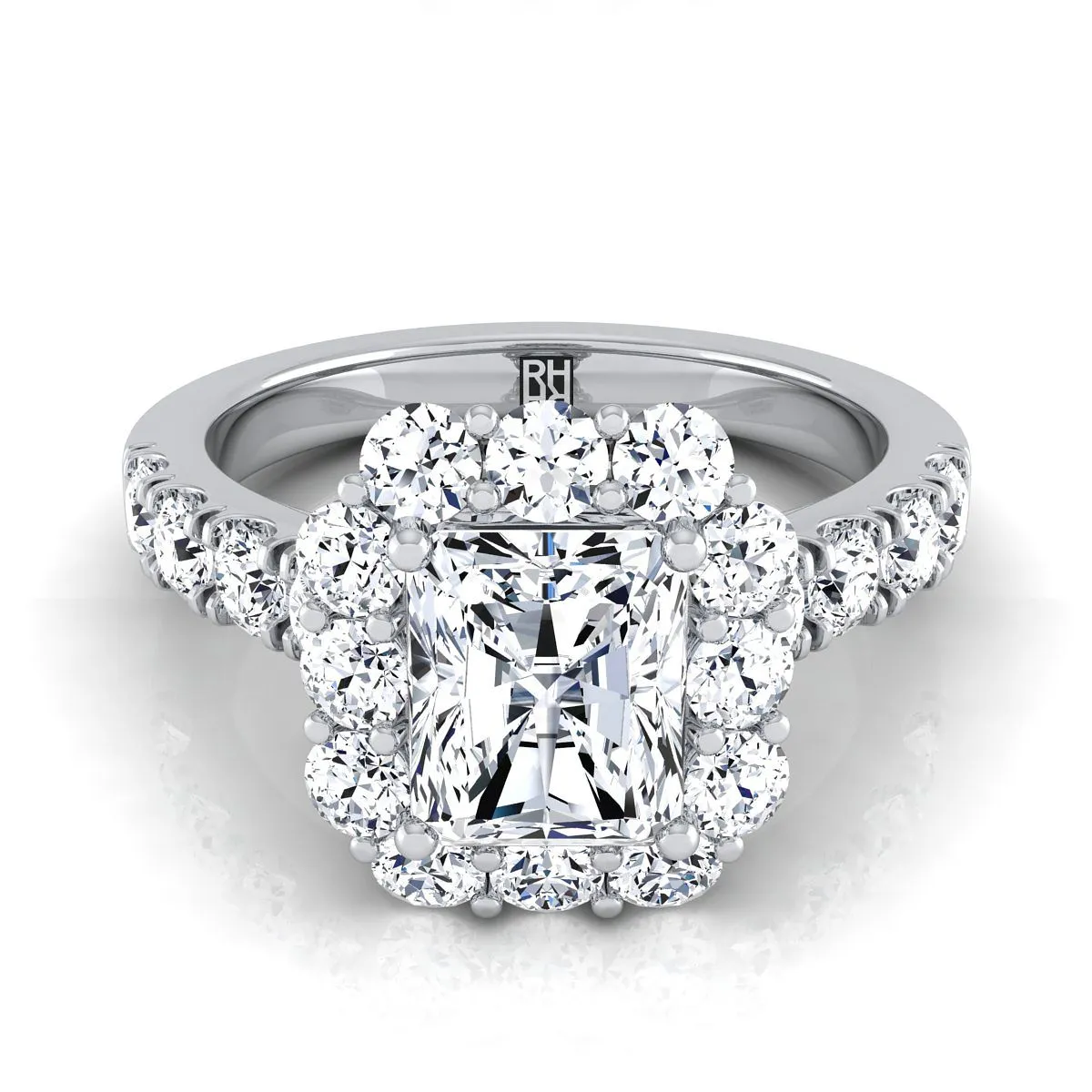 Platinum Radiant Cut Center Diamond Luxe Style French Pave Halo Engagement Ring -1-1/10ctw