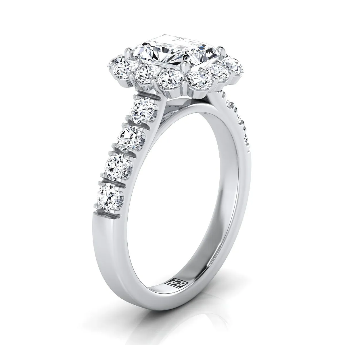 Platinum Radiant Cut Center Diamond Luxe Style French Pave Halo Engagement Ring -1-1/10ctw