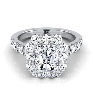 Platinum Radiant Cut Center Diamond Luxe Style French Pave Halo Engagement Ring -1-1/10ctw