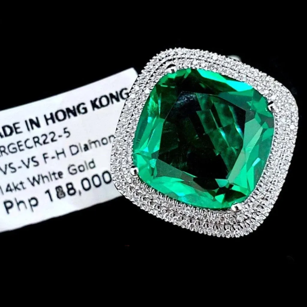 PREORDER | Large Cushion Green Emerald Gemstones Diamond Ring 14kt