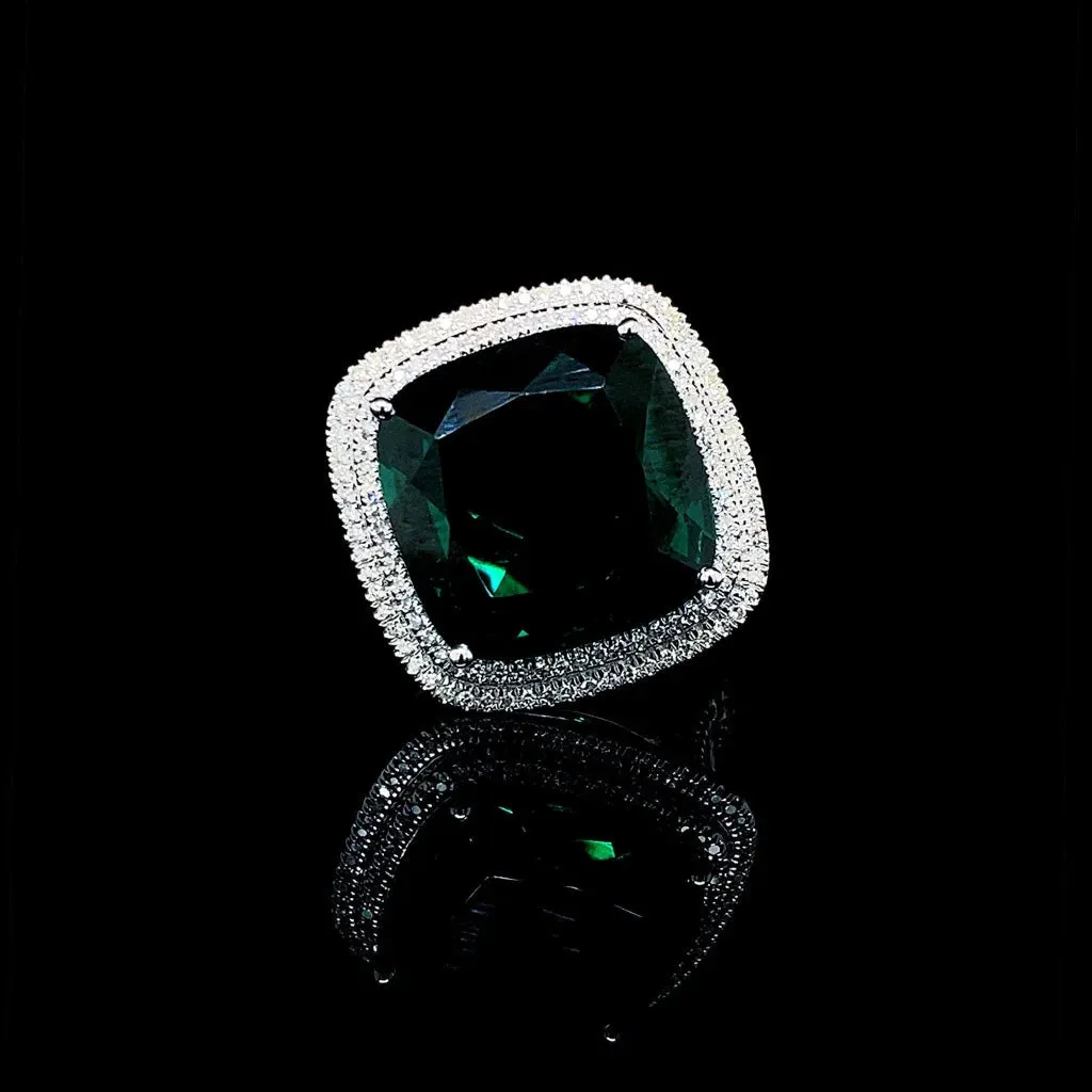 PREORDER | Large Cushion Green Emerald Gemstones Diamond Ring 14kt