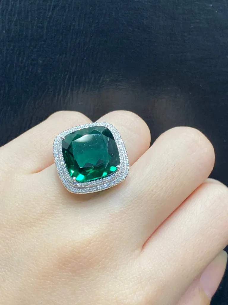 PREORDER | Large Cushion Green Emerald Gemstones Diamond Ring 14kt