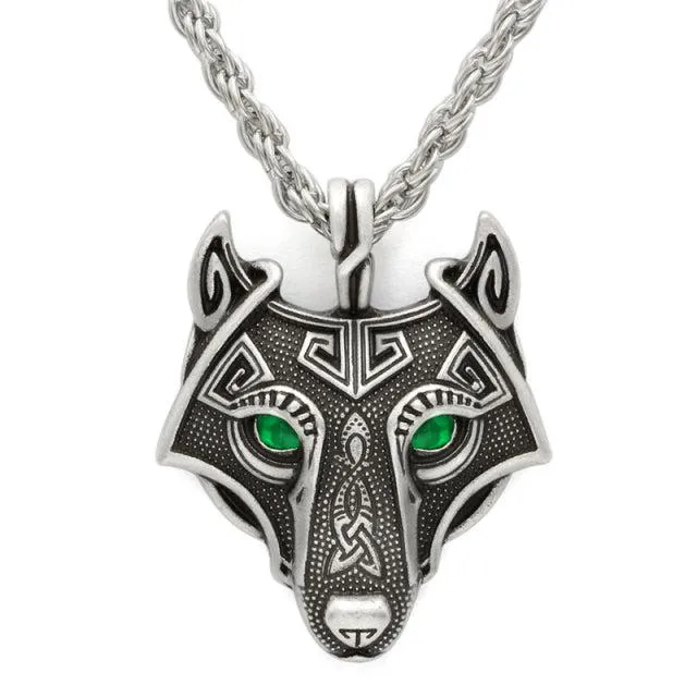 Runic Majesty: Viking Inspired Multicolor Wolf Head Necklace