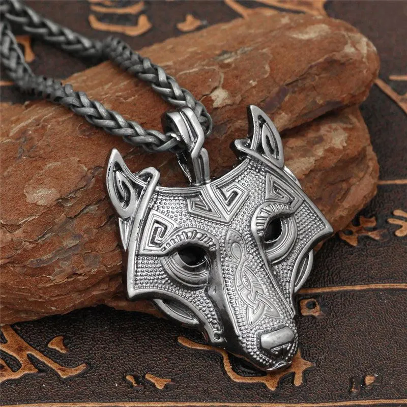 Runic Majesty: Viking Inspired Multicolor Wolf Head Necklace