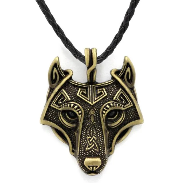 Runic Majesty: Viking Inspired Multicolor Wolf Head Necklace