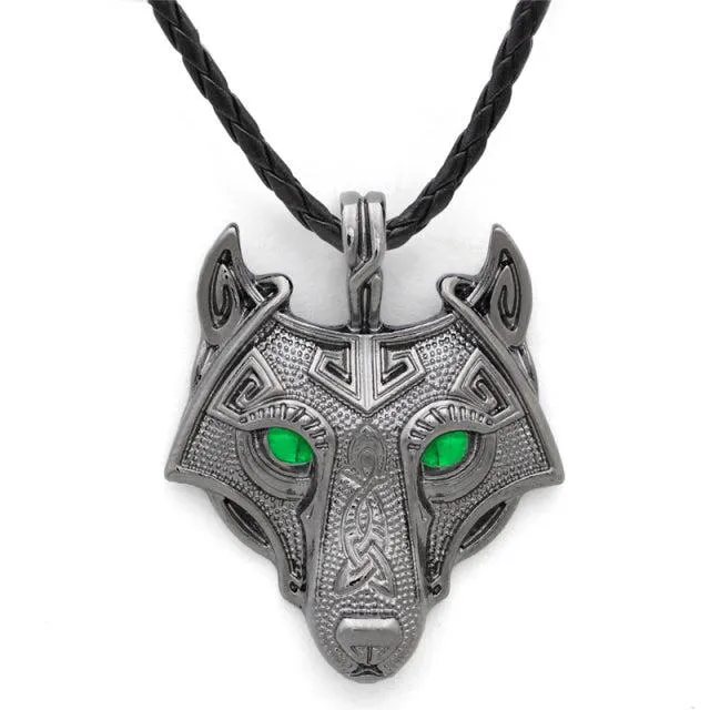 Runic Majesty: Viking Inspired Multicolor Wolf Head Necklace