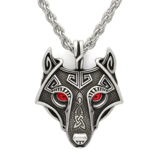 Runic Majesty: Viking Inspired Multicolor Wolf Head Necklace