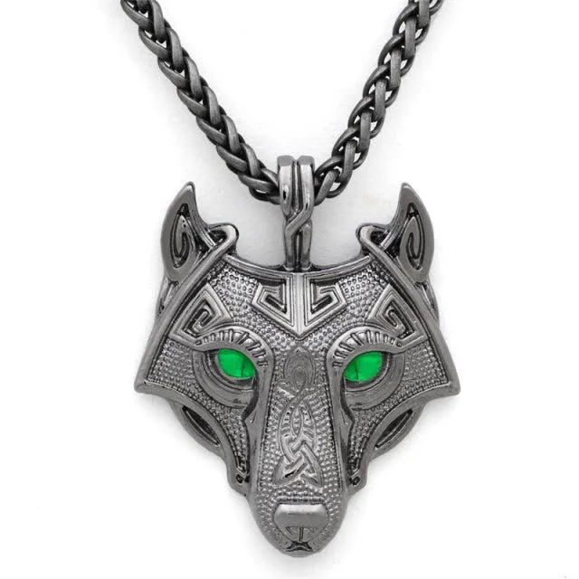 Runic Majesty: Viking Inspired Multicolor Wolf Head Necklace