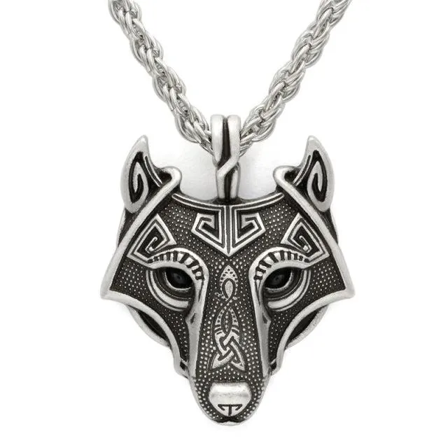Runic Majesty: Viking Inspired Multicolor Wolf Head Necklace