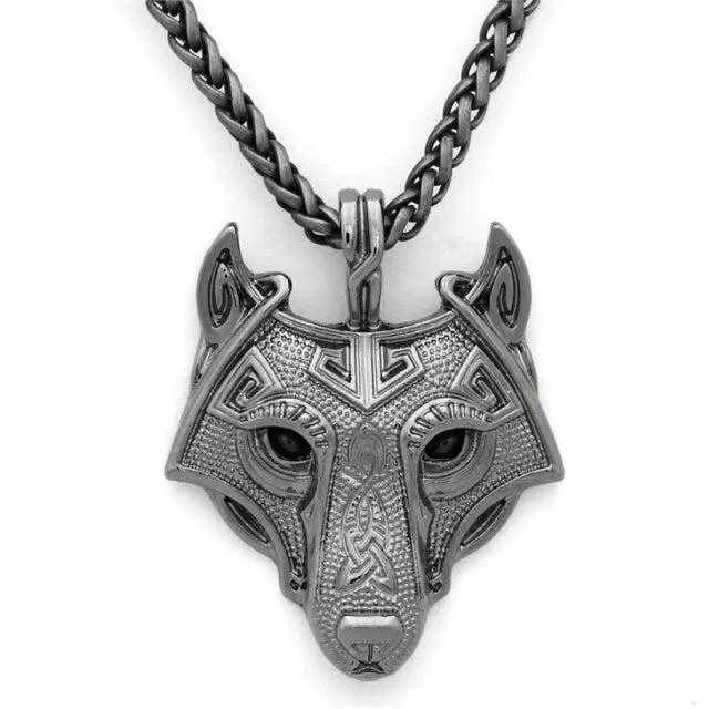 Runic Majesty: Viking Inspired Multicolor Wolf Head Necklace