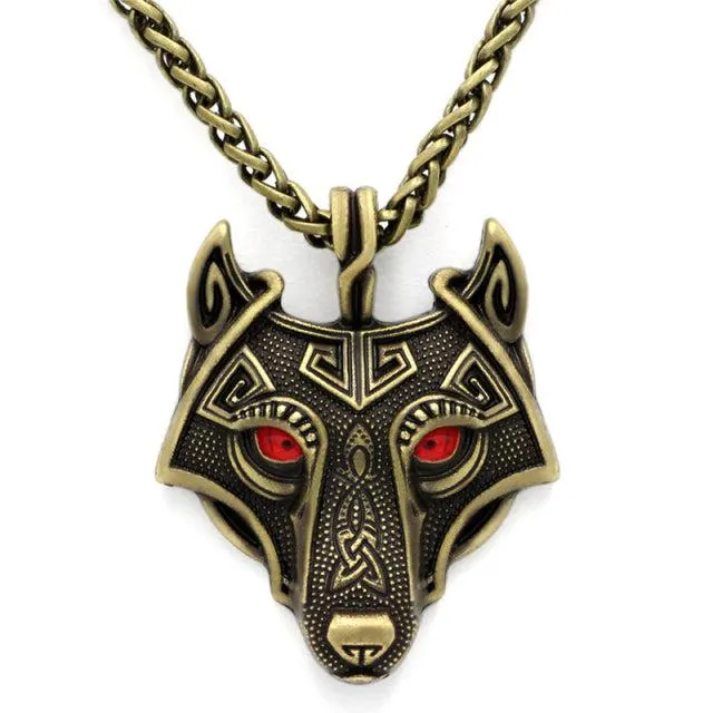 Runic Majesty: Viking Inspired Multicolor Wolf Head Necklace