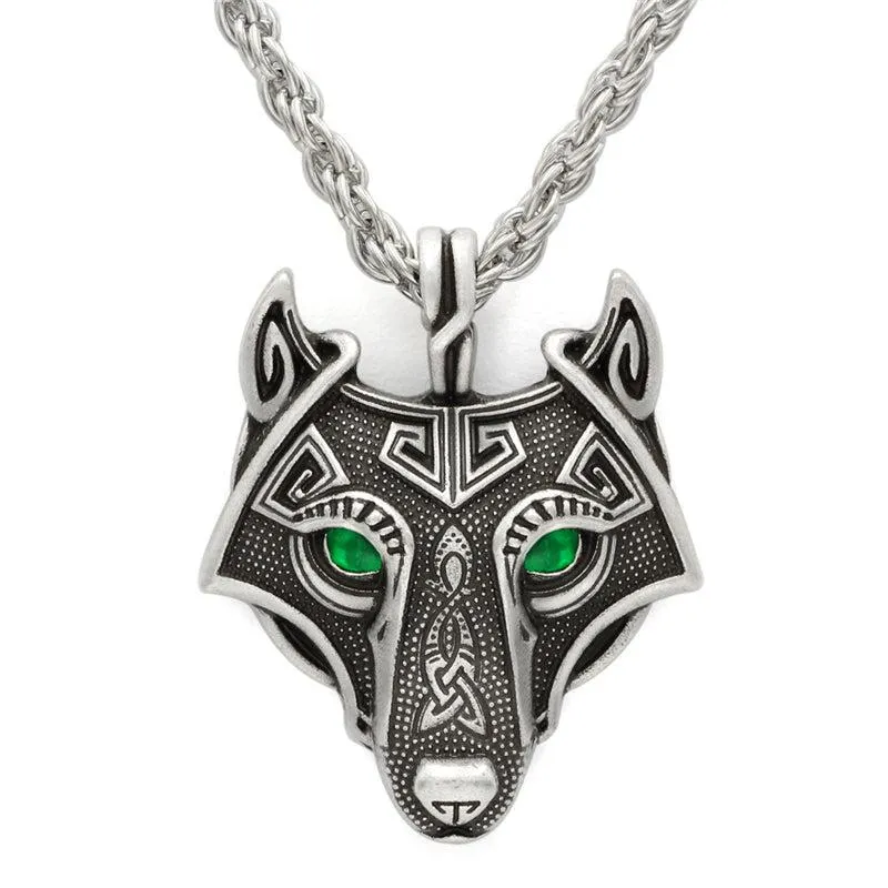Runic Majesty: Viking Inspired Multicolor Wolf Head Necklace