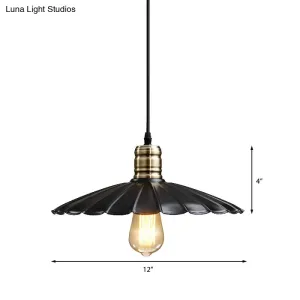 Scalloped Iron Ceiling Hanging Light - Vintage 1 Light Pendant Fixture, Adjustable Cord - 10"/12" Wide - Black/White
