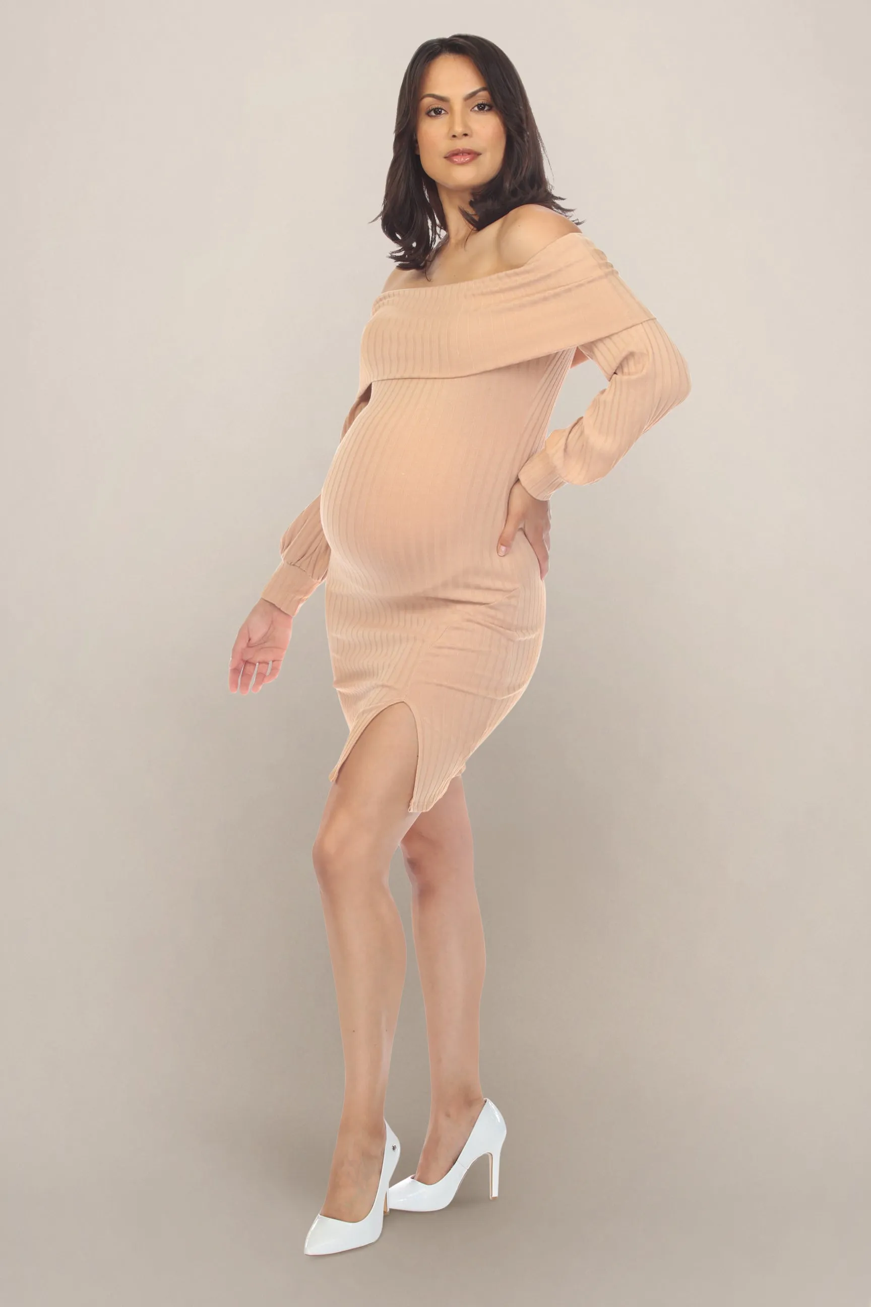 Sexy Khaki Long Sleeve Maternity Dress with Folded Neckline