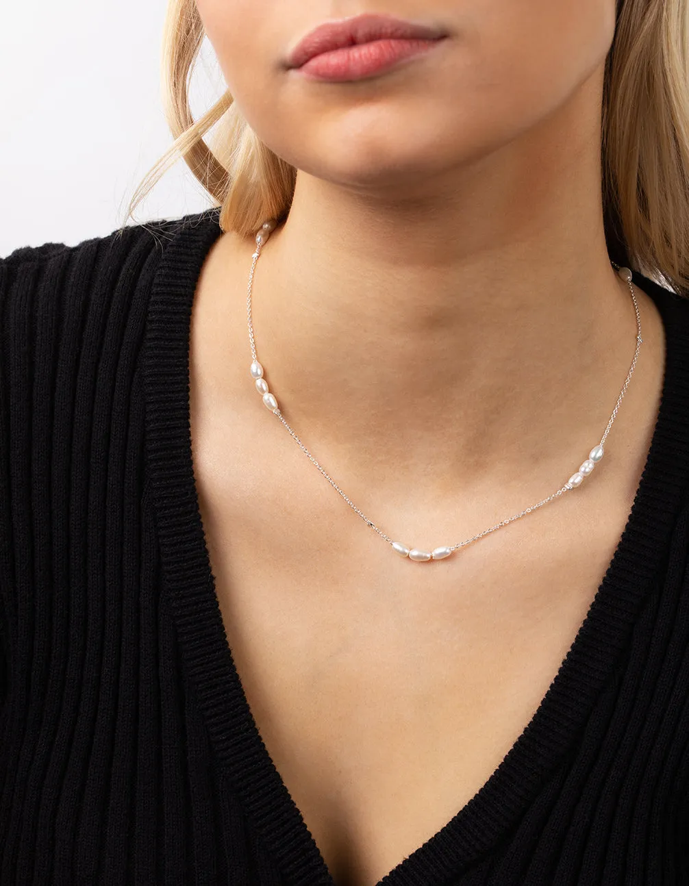 Silver Plated Freshwater Pearl Station Necklace