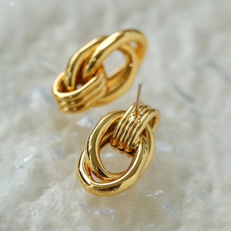 Simple Double Oval Striped Earrings Gold
