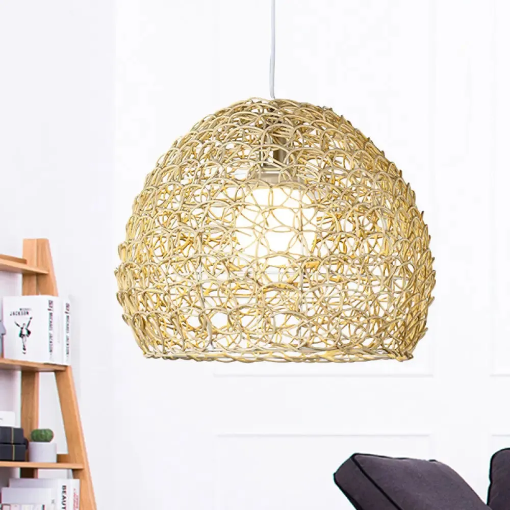 Sleek Bamboo Beige Pendant Light for Dining Room - Hemispherical Pendulum Design