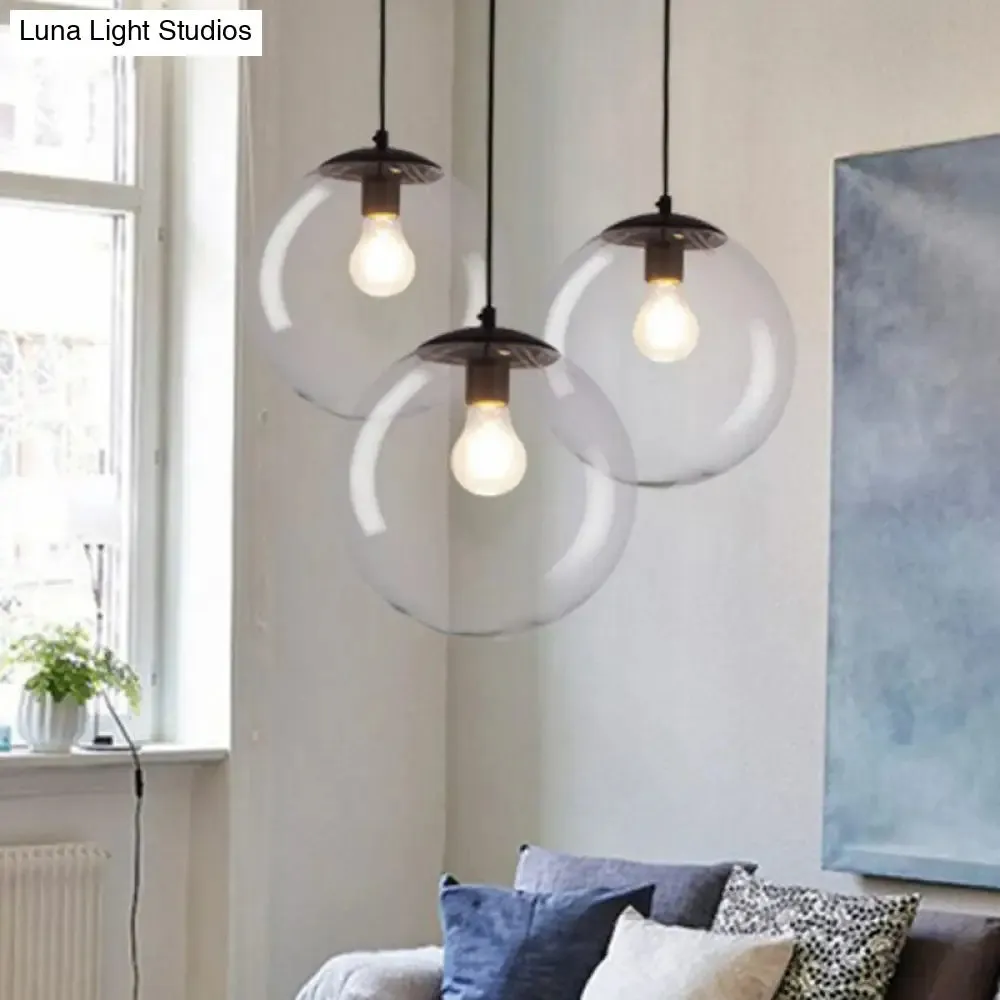 Sleek Clear Glass Spherical Pendant Light - Single Bulb Black Suspended Fixture
