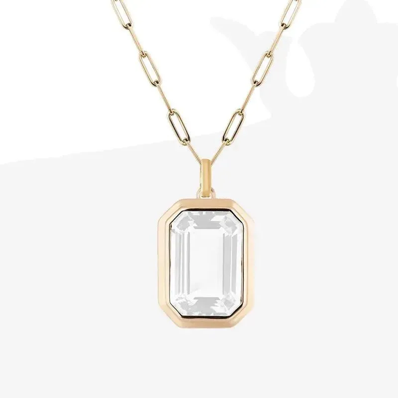 Stainless Steel 18 K Gold IP Solitaire White Cubic Zirconia Paper Clip Pendant Necklace 18 inch with 2inch extender