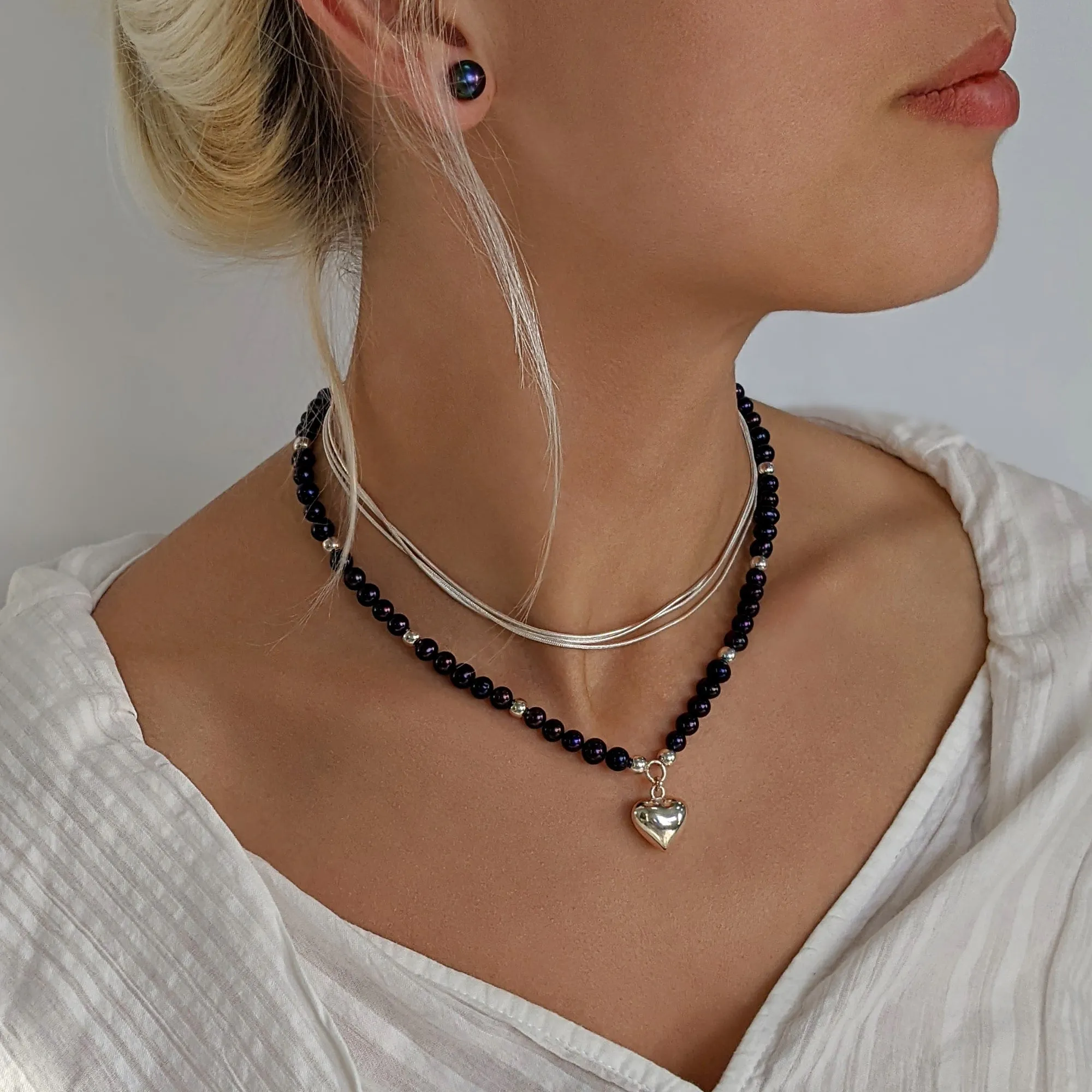 Sterling Silver Peacock Pearl Beaded Necklace With Puffed Heart Pendant
