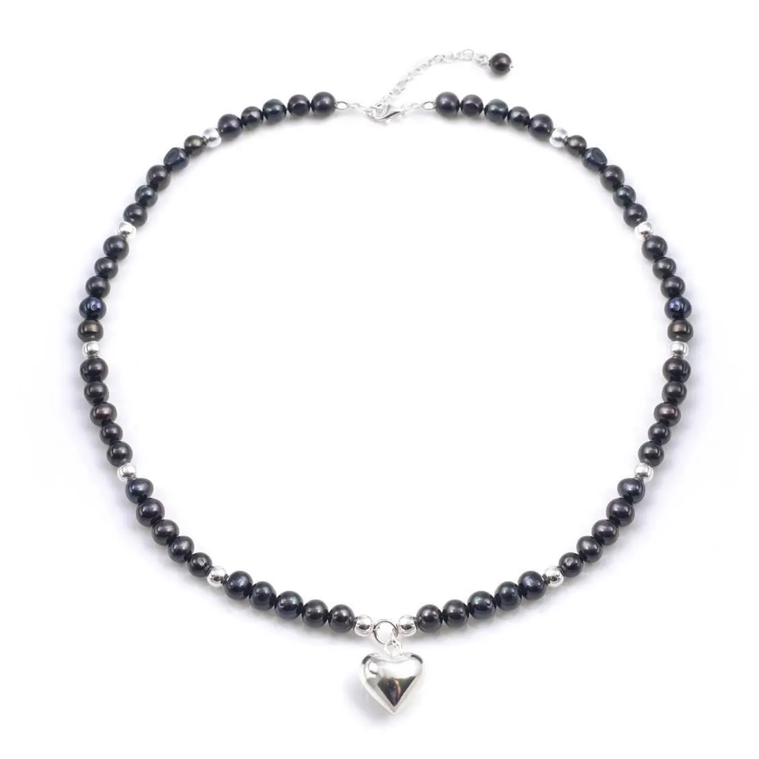 Sterling Silver Peacock Pearl Beaded Necklace With Puffed Heart Pendant
