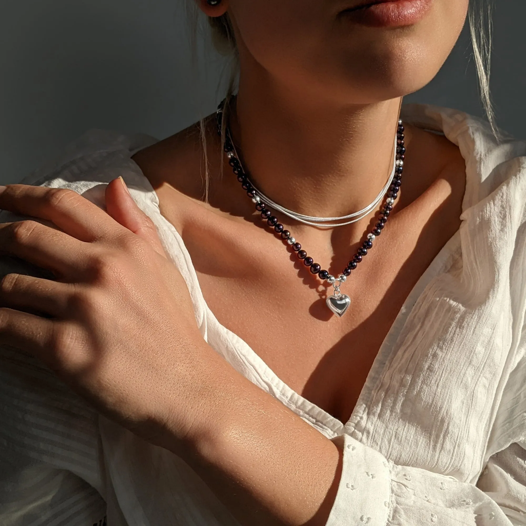 Sterling Silver Peacock Pearl Beaded Necklace With Puffed Heart Pendant