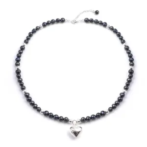 Sterling Silver Peacock Pearl Beaded Necklace With Puffed Heart Pendant