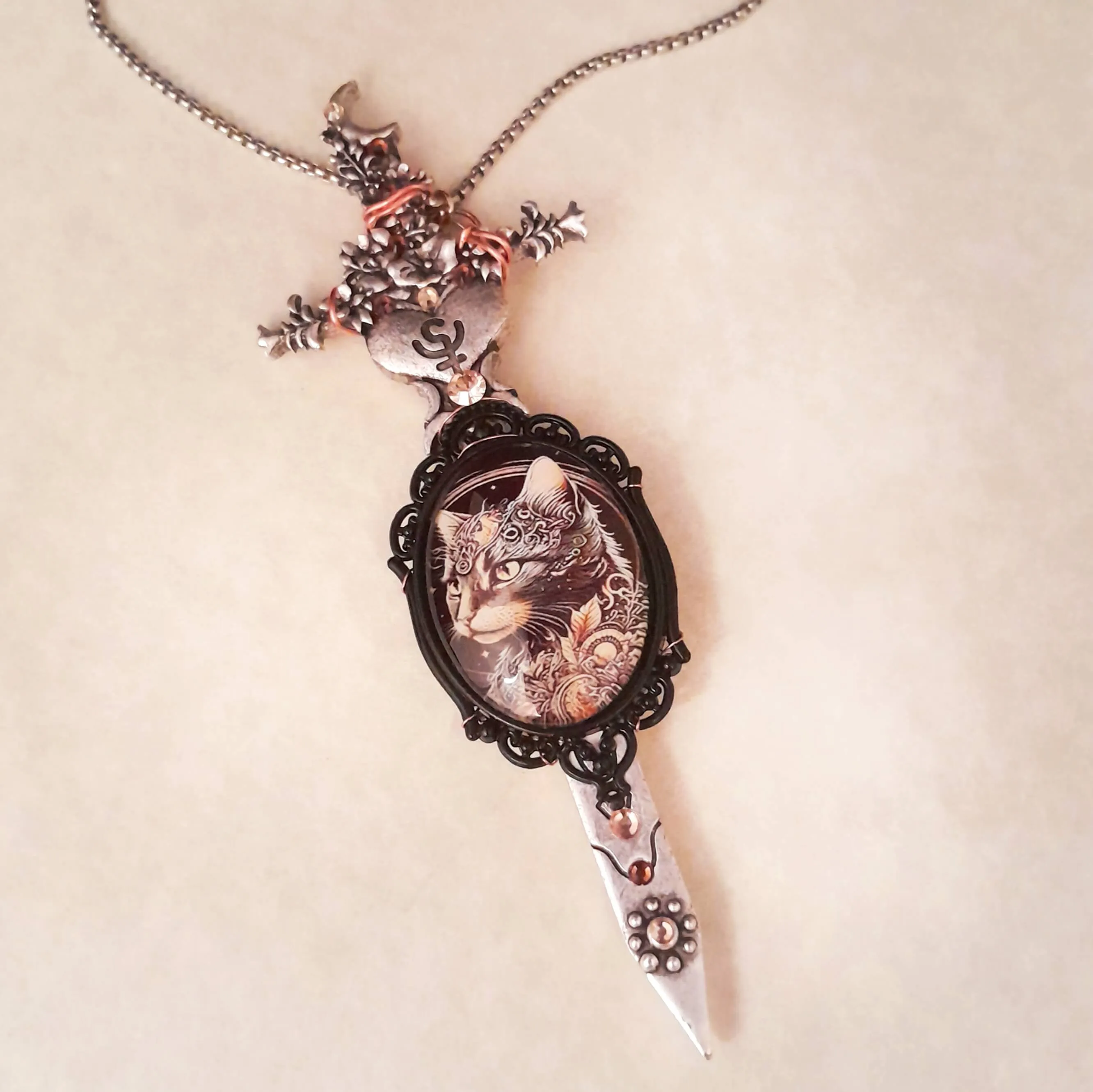 Sword & Cat Cabochon Necklace