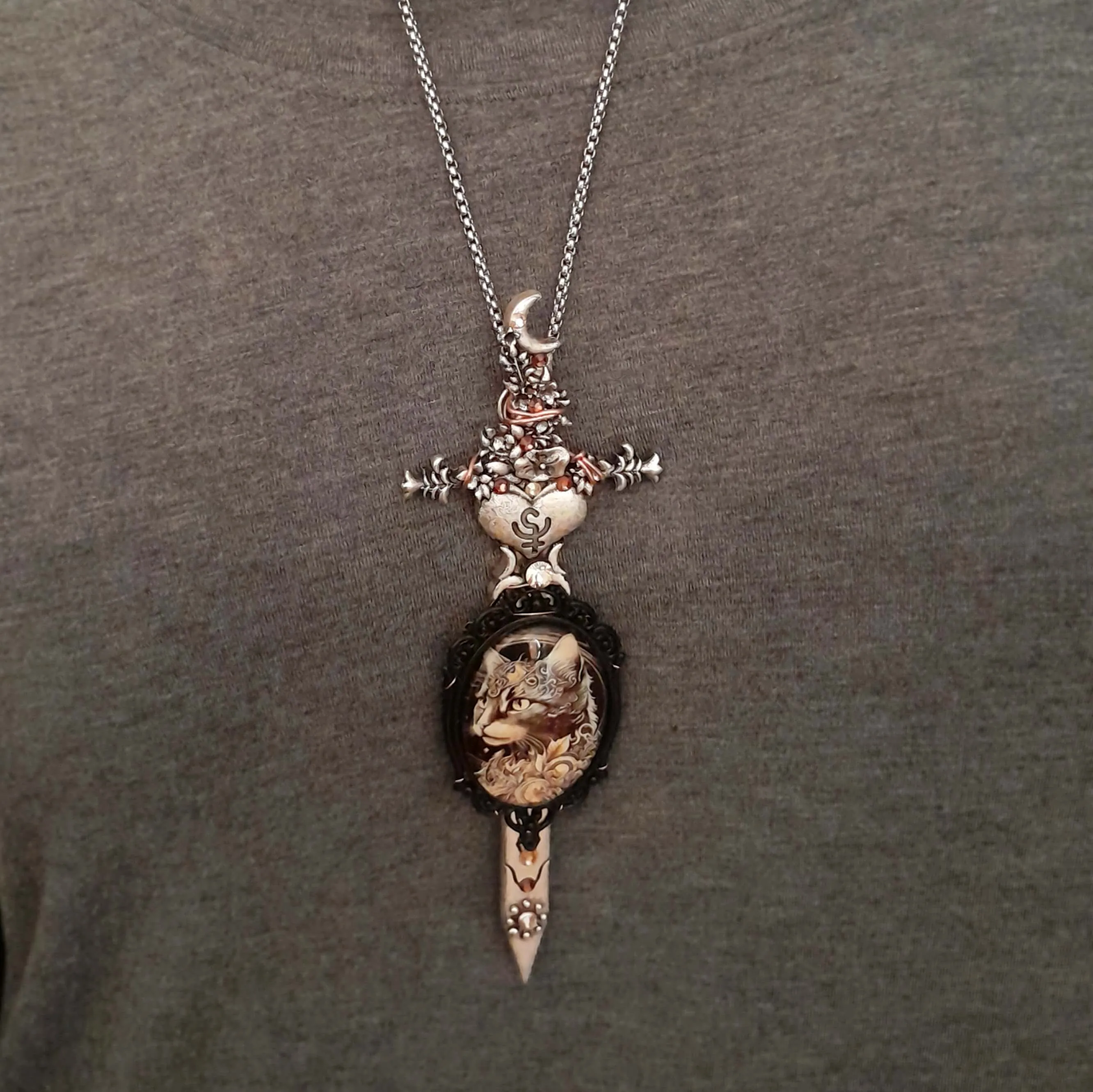 Sword & Cat Cabochon Necklace