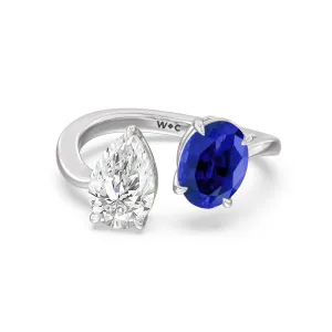 Toi Et Moi Created Sapphire Oval and Pear Diamond Curved Engagement Ring