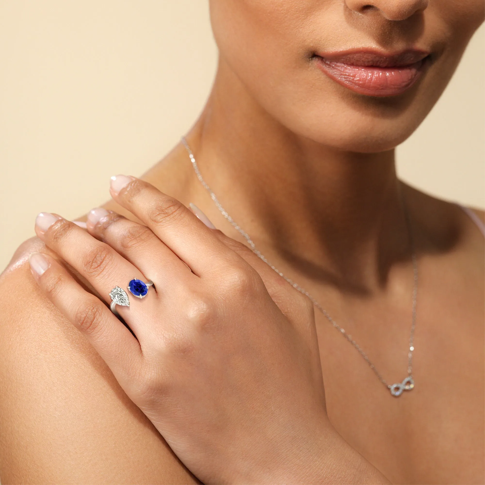 Toi Et Moi Created Sapphire Oval and Pear Diamond Curved Engagement Ring