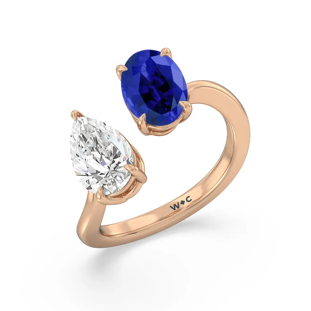 Toi Et Moi Created Sapphire Oval and Pear Diamond Curved Engagement Ring