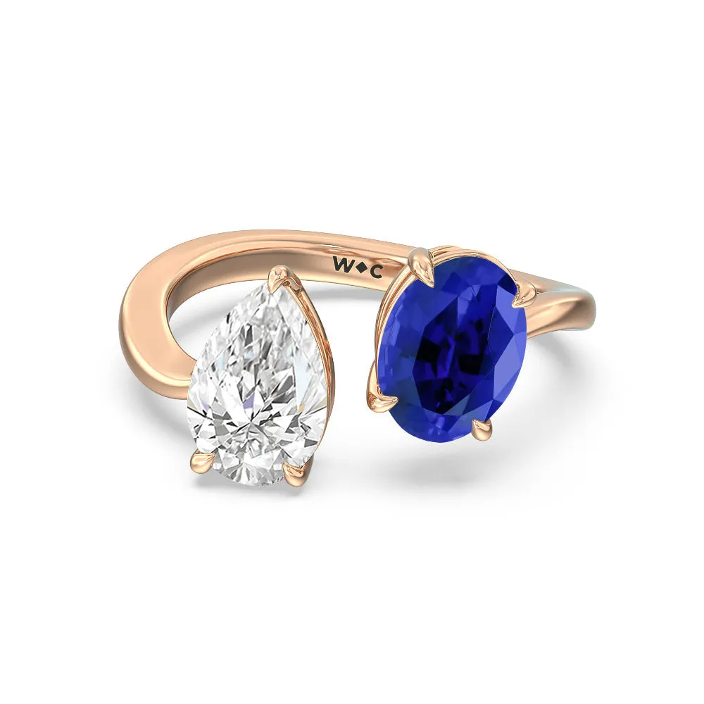 Toi Et Moi Created Sapphire Oval and Pear Diamond Curved Engagement Ring