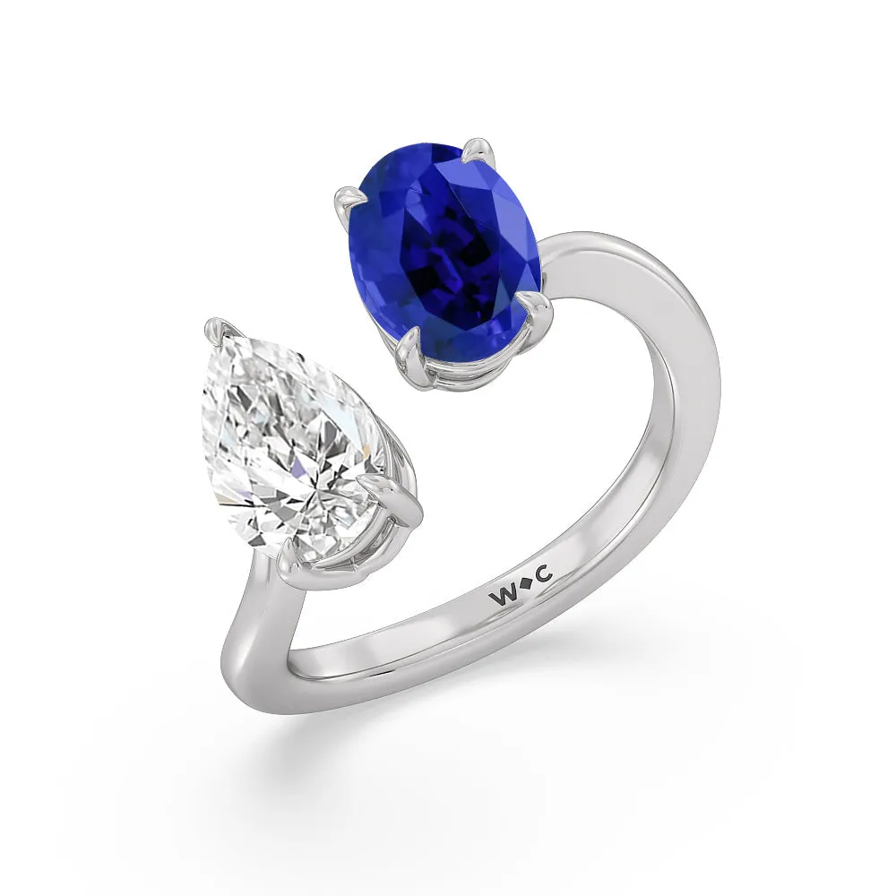 Toi Et Moi Created Sapphire Oval and Pear Diamond Curved Engagement Ring